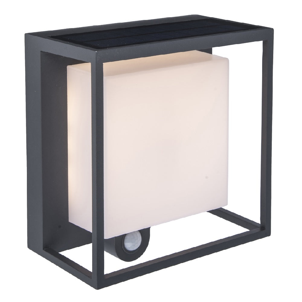 Thomasequestrian | Lutec Curtis LED Solar Wall Lamp – Anthracite Modern Square Surface Mounted Light with PIR Motion Sensor