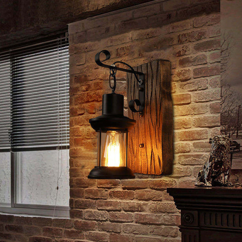 Thomasequestrian | Industrial Lantern Wall Mount Light - Iron with Clear Glass Shade