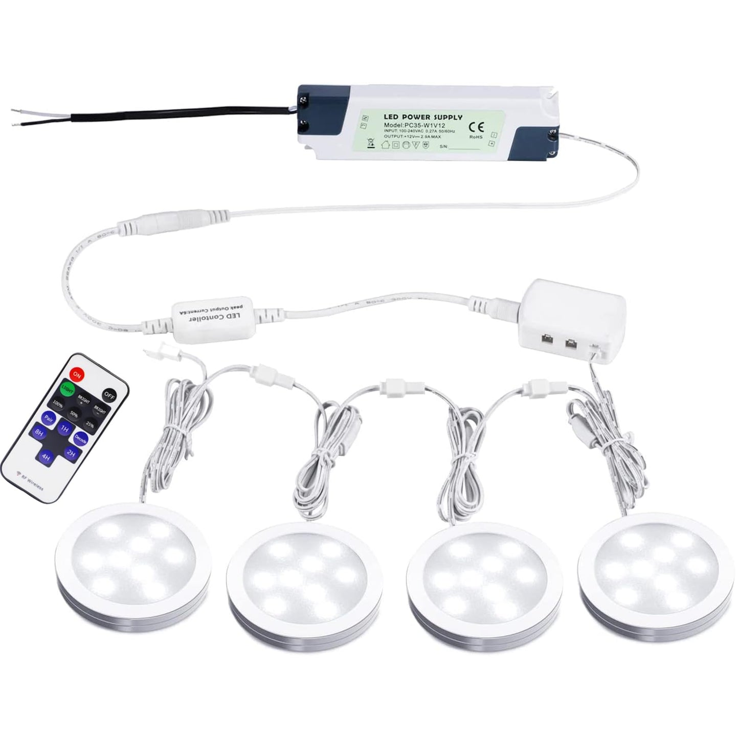Thomasequestrian | Linkable LED Under Cabinet Light – 12V Hardwired Dimmable Puck Light with Remote (4 Lights, Daylight White)