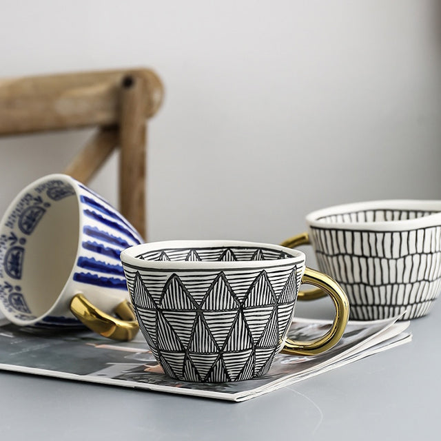 Thomasequestrian | Abstract Geometric Pattern Cup with Gold Handle